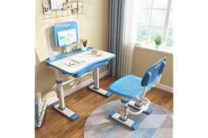 Yinleader Juego de Escritorio para niños, ergonómico, Altura Ajustable,Escritorio y Silla para niños multifunción, pupitre con lámpara y Soporte para Libros - Azul Cielo