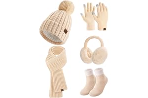 Xnova Hat and Scarf Set for Women Ladies 5Pcs, Winter Knitted Warm Beanie Hat Long Scarf Touch Screen Thermal Gloves Socks Plush Ear Warmers Sets Girls for Outdoors Ski
