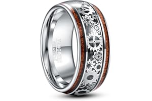 TUNGSTORY 10mm Bague Steampunk en Tungstène pour Homme Femme, Alliance de Mariage avec Motif d'Engrenage, Bois, Argent Noir Taille 54.4(17.3)-72(22.9)