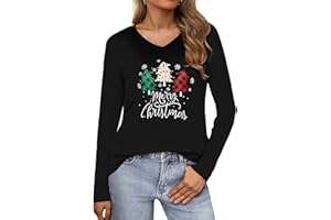 Wayleb T-Shirts de Noël pour Femme Manches Longues Col Rond Haut Tunique Tops Coton avec Motif de Noël S-3XL