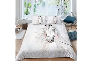 LOUSSIESD White Horse Bedding Set Single Size 3D Steed Print Comforter Cover Horses Decorative 2 Pieces Animals Duvet Cover Set WildlifeTapestry Bedspread Cover with 1 Pillowcase Soft Microfiber Zipper