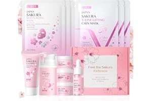 LAIKOU Set de Cuidado Facial Sakura, 8 Piezas Skincare Kit Pack Regalo Mujer para Rutina Facial, con Limpiador Sérum Mascarilla Cuello Hidratante Crema Contorno de Ojos Día y Noche (8pcs)