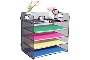 HMXLJJY 5 Tier Office Desk A4 Paper Letter Organiser Tray with Handle,Mesh Desk Organiser Letter Tray,Desktop Filing Document Trays Holders,File Storage Rack for A4 File Folder, Black