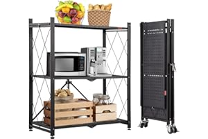 DEANIC Folding Storage Shelves,3 Tiers Metal Shelving Units for Storage 28x35.5x13.4 inch, Kitchen Shelves on Wheels,Pantry Shelves,Bookcase for Living room (Black)