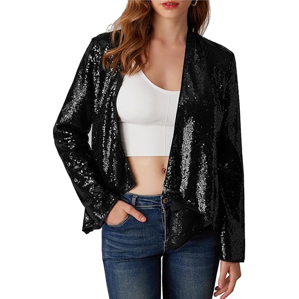 MINTLIMIT Gebreid vest voor dames, met pailletten, kort, open voorkant, cardigan, lange mouwen, bolero, dun, elegant, glitterjack, bolerojas, L