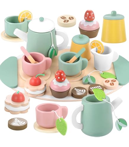 Divono 14-teiliges Teeservice Aus Holz - Spielküche Zubehör Für Kinder