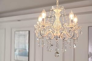 ‎SM SAINT MOSSI Saint Mossi 4-flammiger Kristall-Kronleuchter Moderne Hängeleuchte für Esszimmer, Schlafzimmer & Wohnzimmer mit Klaren Kristallen, Weiß Lackierter Rahmen (H40x B43x L43 cm) E14 Fassung