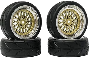 RC Auto Reifen und Räder Set,KINGCOO 4Stück 64mm Gummireifen Kunststoffbeschichtung Rad 12mm Hex für 1/10 RC On-Road Run-Flating Touring Racing Auto (Gold Silber)