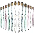 Nano-b Manual Toothbrush Set for Adults with Sensitive Gums, Gold & Charcoal Soft/Medium Bristles, Travel Cases, Blue, Pink, Green, Crystal, 12-Pack