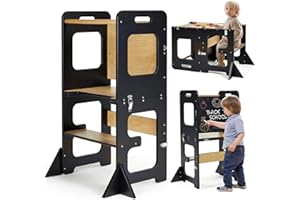 STEPSAFE Montessori Torre per bambini, Torre di apprendimento con lavagna, 3 in 1 Pieghevole Learning Tower, Multifunzionale Torre didattica per bambini di età superiore a 1 anno (nero)