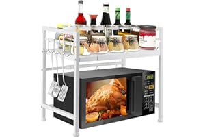 YunNasi Erweiterbares Mikrowellen Regal 2-Stufiges Mikrowellenständer Mikrowellenhalter Organizer aus Kohlenstoffstahl Küchenregal Stehend mit 10 Haken für Toaster, Heißluftfritteuse (Weiß 1)