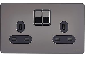Schneider Electric GU3420BBN Ultimate Screwless Flat Plate, Switched Double Power Socket, Single Pole, Black Nickel with Black Insert, 13 A, 2 Gangs
