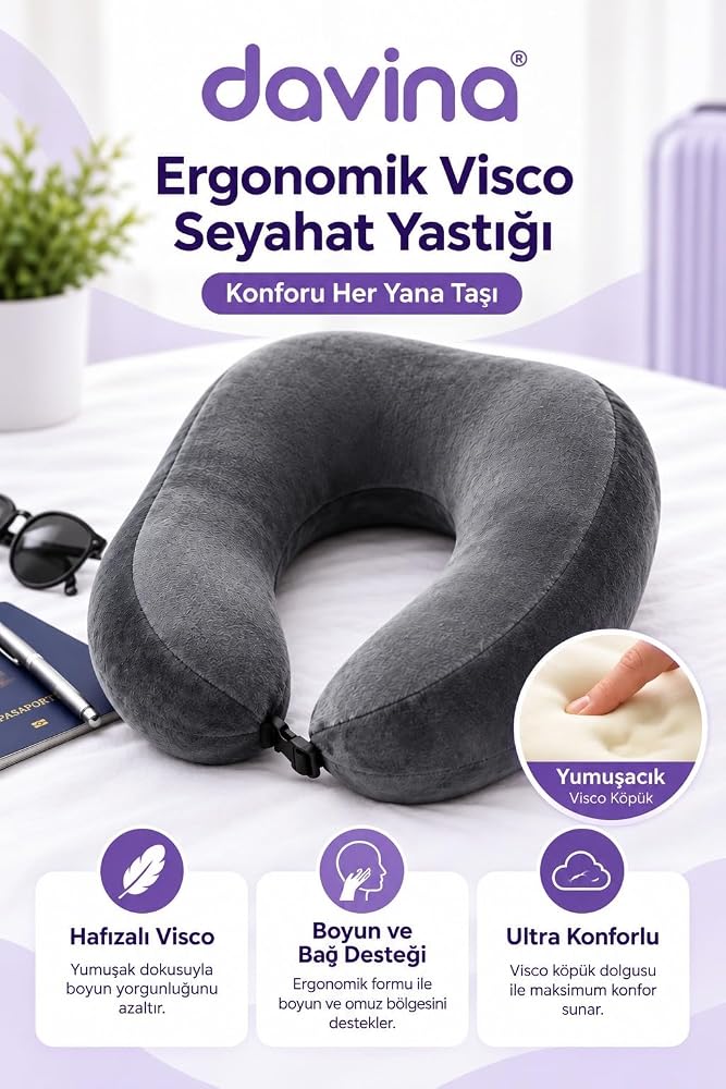 davina® ErgoTrip Visco Seyahat Yastığı, Ergonomik Boyun Desteği | Ergonomik U şekli ve visco sünger dolgulu boyun yastığı, seyahatlerde taşınabilir destek sunar