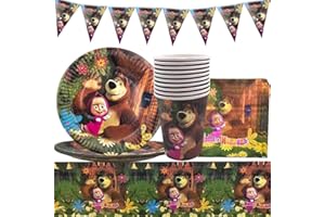QWEPU Ma-Sha e Orso Tema Compleanno, Ma-Sha e Orso Tema Compleanno, Kit Party Tavola Bambini Compleanno Articoli, tovaglia Addobbi Party, per Bambini 10 Ospiti (42 Pezzi)