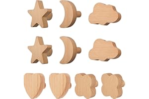 MOROBOR Lot de 10 poignées en bois de hêtre naturel, formes de lune, nuage, étoile, cœur, trèfle à quatre feuilles, crochets en bois pour décoration de chambre d'enfant, boutons de placard, crochets