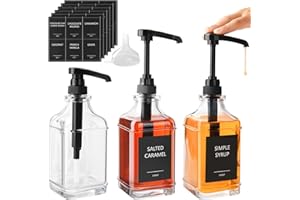 YBCPACK 3Pack 16.9 oz/ 500 ml Coffee Syrup Dispenser, Large Glass Syrup Bottles with Pump for Coffee Bar/Kitchen, Square Coffee Syrup Pump Dispenser with 36pcs Stickers, 1 Funnel
