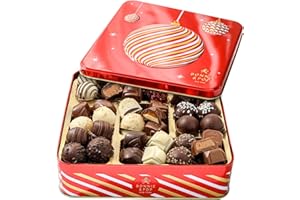 Christmas Chocolate Gift Hamper Basket- Gift Tin with Assorted Belgium Chocolates and Truffles, Family, Party.,Office Gift Idea for Men, Women, Children, Him and Her- Bonnie and Pop