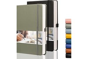 EMSHOI Notebook A5 Lined - 2 Pack 384 Pages Hardback Notepad with Divider,100gsm Thick Paper,8 Perforated Sheets, Pen Loop, Inner Pocket, Leather Journal for Women Men,14.5 x 21cm (Black Green)