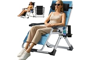 ZIKEBTUY Garden Recliner Chairs 200kg Support Sunlounger Folding Sun Lounger Adjustable Angle Zero Gravity Chairs with Mattress headrests and Side Pocket Foldable Indoor Outdoor (Flax blue)
