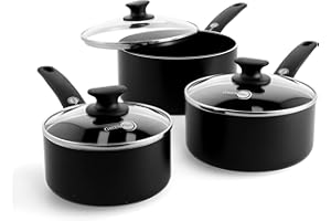 GreenPan Cambridge Healthy Ceramic Non-Stick Saucepan Set ,16cm/1.5L, 18cm/2.1L and 20cm/3.1 L Pot Set with lids, PFAS-Free, Induction, Oven Safe, Black