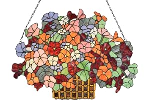 Bieye W10036 Myosotis Flower Decorated Basket Tiffany Style Stained Glass Window Panel with Chain, 24"W x 17"H