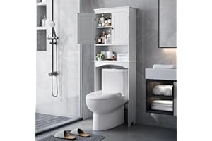 Bealife Meuble WC, Étagère de Toilettes sur Pied, Meuble Toilette avec 2 Portes, Étagères Réglables et Compartiments Ouverts, Blanc