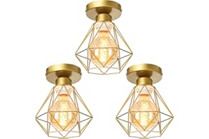 TOKIUS Lot de 3 Plafonniers Lustres Industrielles Luminaires Suspensions Salon Lampe Cuisine Plafond Métal Cage Ø160mm Doré éclairage plafond Interieur Chambre (3pcs)