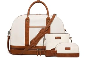BOLOSTA Weekend Bags for Women Canvas Overnight Bag Large Travel Bags for Women Carry on Shoulder Duffle Bag with Shoe Compartment,Perfect for Women Travel or Daily Use 3Pcs Set Beige