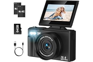 SOPPY 5K Digitalkamera Fotokamera 75MP Vlogging Kamera 3,0 Zoll 180°Flip-Screen Kompaktkamera mit 64GB Speicherkarte, 18X Digitalzoom, Mini Digitalkamera für Jungen Mädchen Anfänger, Schwarz