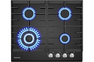 GASLAND GH604BF Glas Gaskochfeld, Gas Kochfeld mit Wok Brenner 4 Flammig, Gas Einbau Gaskochfeld, 60 cm Schwarz Glasherd, Butan Gas Kocher 8000 Watt, LPG/Erdgas