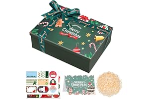 FICOFISE Cajas de Regalo Navidad con Tapa, Cajas Cartón Navidad Grande 290x210x105mm (11.3x8.2x4.1in), Incluye Pegatinas Navideñas & 1 Tarjeta& 20g Rafia, Cartón Resistente Reciclable (verde)