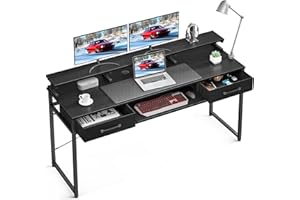 ODK Scrivania per Computer con Vassoio per la Tastiera, Scrivania da Ufficio con Supporto per Monitor, Scrivania con 2 Cassetto, Scrivania per Ufficio e Casa (160x53x90cm, Nero)