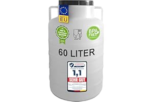 Plasteo® Barril de boca ancha de 60 litros, natural, redondo, con tapa y asas, apto para alimentos y sin BPA, barril de plástico universal, barril de agua, barril de lluvia, barril de almacenamiento