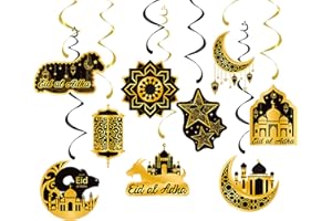 ATBEAMEN 18Pcs Ramadan Eid Mubarak Decorations,Ramadan Hanging Swirls Shining Black Gold Star Moon Lantern Ceiling Foil Eid Mubarak Hanging Decoration for Kareem,Muslim Islamic Festival,Eid Al-fitr Party