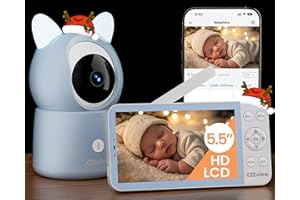 CZEview 5,5" 2K Baby Monitor Video e Audio, Luce Notturna & Musica, Telecamera Bambini, Controllo Tramite APP Mobile & Monitor, Rilevamento di Grida/Movimento (Include 1 Telecamera Blu)
