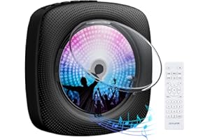 Gueray Odtwarzacz CD do montażu na ścianie z głośnikiem Bluetooth HiFi, pilot zdalnego sterowania, wyświetlacz LED, obsługuje radio FM, odtwarzacz USB z przyłączem słuchawkowym 3,5 mm, z osłoną przeciwpyłową, kolor czarny