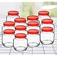 CLOUDMART Piramal Glass Round Shape Clear Jars And Containers For Kitchen Pantry, Snacks, Masala, Pickles, Dry Fruits, And Coffee Beans Storage With Red Color Plastic Lid (Aahar Jar 300Ml, Set of 12)
