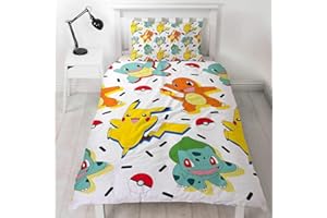 POKÉMON Pokemon Single Duvet Cover | Reversible Two Sided Fun Pokemon Bedding Featuring Pikachu, Squirtle & Charmander With Matching Pillow Case