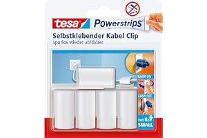 tesa Powerstrips kabelklämma - 1 x 5 klämmor - vit | Självhäftande kabelhållare för fastsättning av kablar - kablar kan tas bort utan att lämna spår - utan borrning
