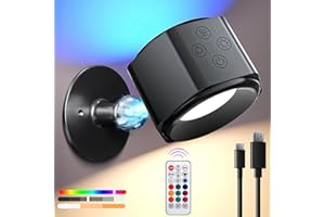BBLTIFF Aplique Pared Interior, Lámpara de Pared LED con Batería de Carga USB, Lampara Sin Cable, Temperatura de Color RGB3, Seis Niveles de Brillo Ajustables Giro de 360° con Mando a Distancia Táctil