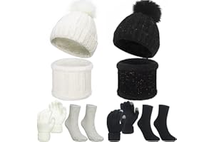 SINTEGE 8 Pieces Women Warm Winter Pom Beanie Hats Knit Skull Caps Knitted Neck Warmers Scarfs Knitted Touchscreen Gloves Socks Set