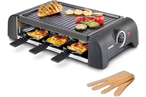 Korona 45065 Raclette para 6 personas | 6 sartenes y espátulas | Con placa grill con revestimiento antiadherente | Cable largo de 1,2 m | 1000 vatios