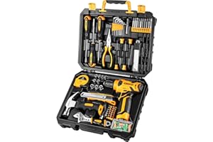 DEKO Kompletna skrzynka narzędziowa ze śrubokrętem elektrycznym, zasilanie bateryjne 8 V, 126 sztuk, profesjonalna skrzynka narzędziowa "zrób to sam", do biura i ogrodu, Żółty