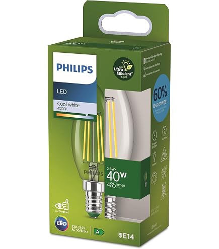 Ampoules LED Philips E14 40W équivalent - Blanc Chaud, Lot De 2, Verre, Allumage Instantané