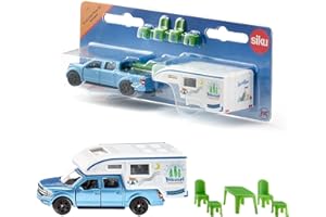 siku 1693, Camper Ford F150 Pick-Up, Metallo e Plastica, Blu e Bianco, Sedie, sgabello e tavolo, Tenda da sole estraibile