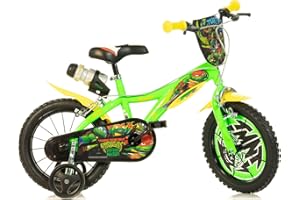 Dino Bikes Teenage Mutant Ninja Turtles - Mutant Mayhem 14 inch Unisex Children’s Bicycle with stabilisers and drinks bottle, suits child 4-7 Years, Green and Yellow
