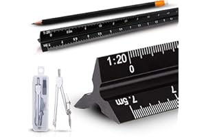 RBT SMARTFLOW Architectural Scale Ruler Set – 12” Aluminum Triangle Ruler with Metric Scales (1:20–1:125) + Black Pencil & Compass – Durable Drafting Tool for Architects, Engineers & Students