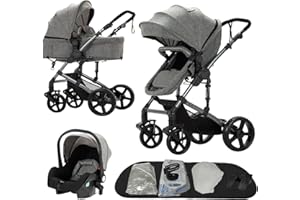 Nine point nine Trio Passeggino Neonati, Passeggino 3 in 1 con Doppia Modalità Spinta Reversibile, Carrozzina per Neonati con Grande Nacelle, Passeggino Trio con Telaio in Alluminio (588 Grey)