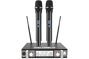 talomen Set Microfoni Wireless UHF, 2 Microfoni Dinamici a Mano in Metallo, Auto Scan, Portata 120 m, Ricevitore a Doppio Canale, Ideale per Canto, Karaoke, Feste, DJ, Chiesa – K120 Nero