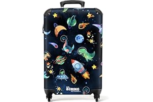 NoBoringSuitcases.com Valise Enfant Cabine - Roulette Garçon, 55x35x25cm (Dinos, Espace - Bleu Foncé)